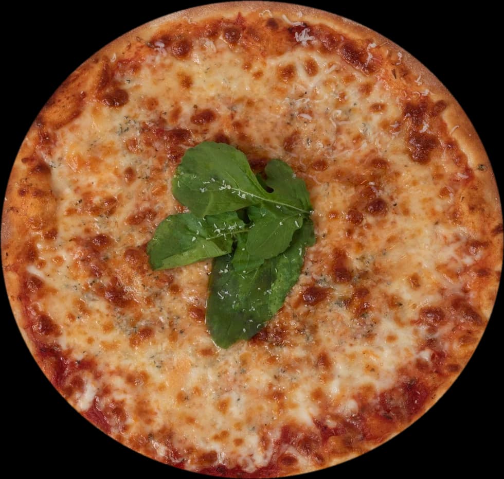 Pizza de queso entera sobre la tabla, vista desde arriba