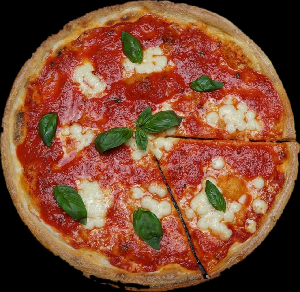 Pizza margherita entera, con albahaca fresca, vista desde arriba