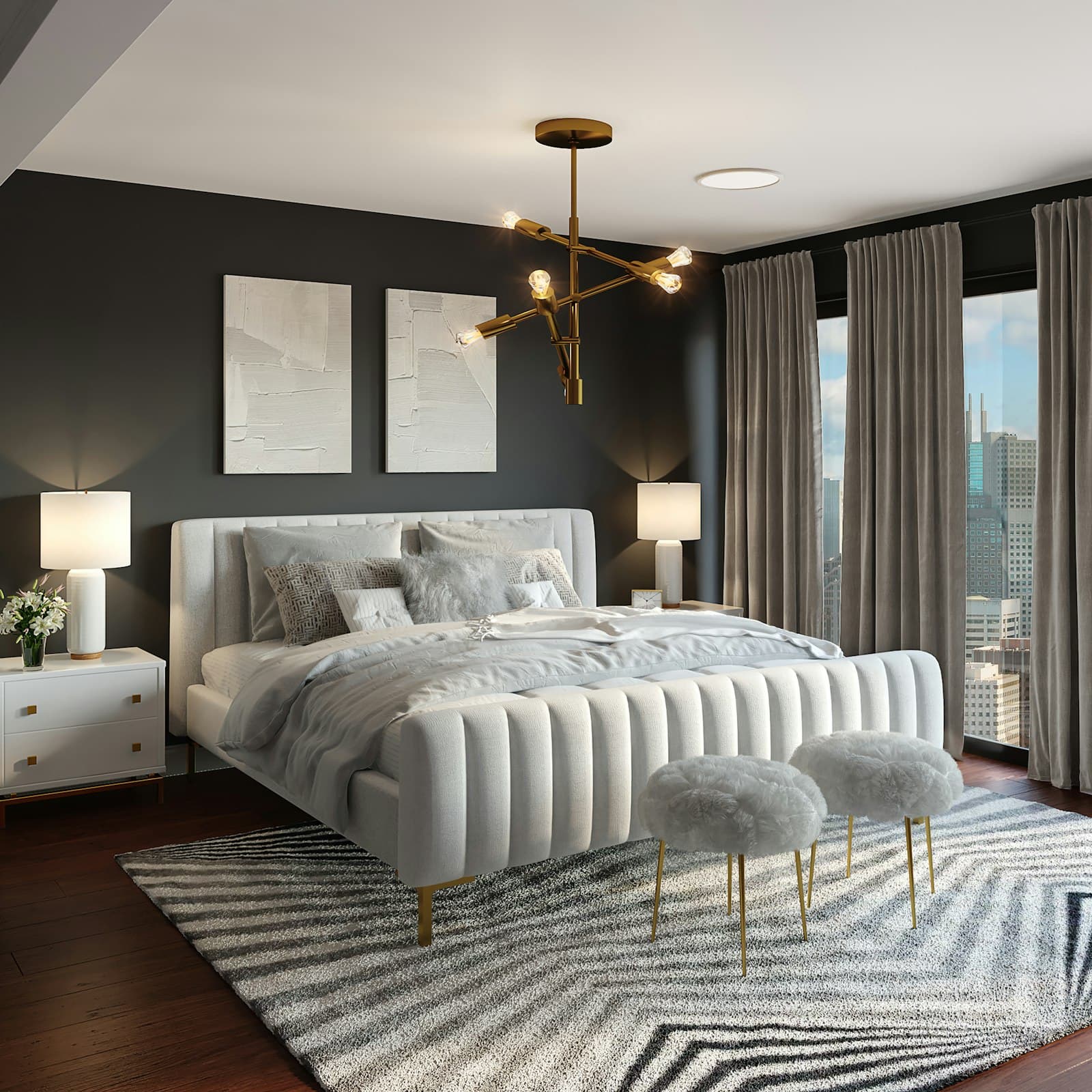 Dormitorio principal de autor con lámpara escultórica