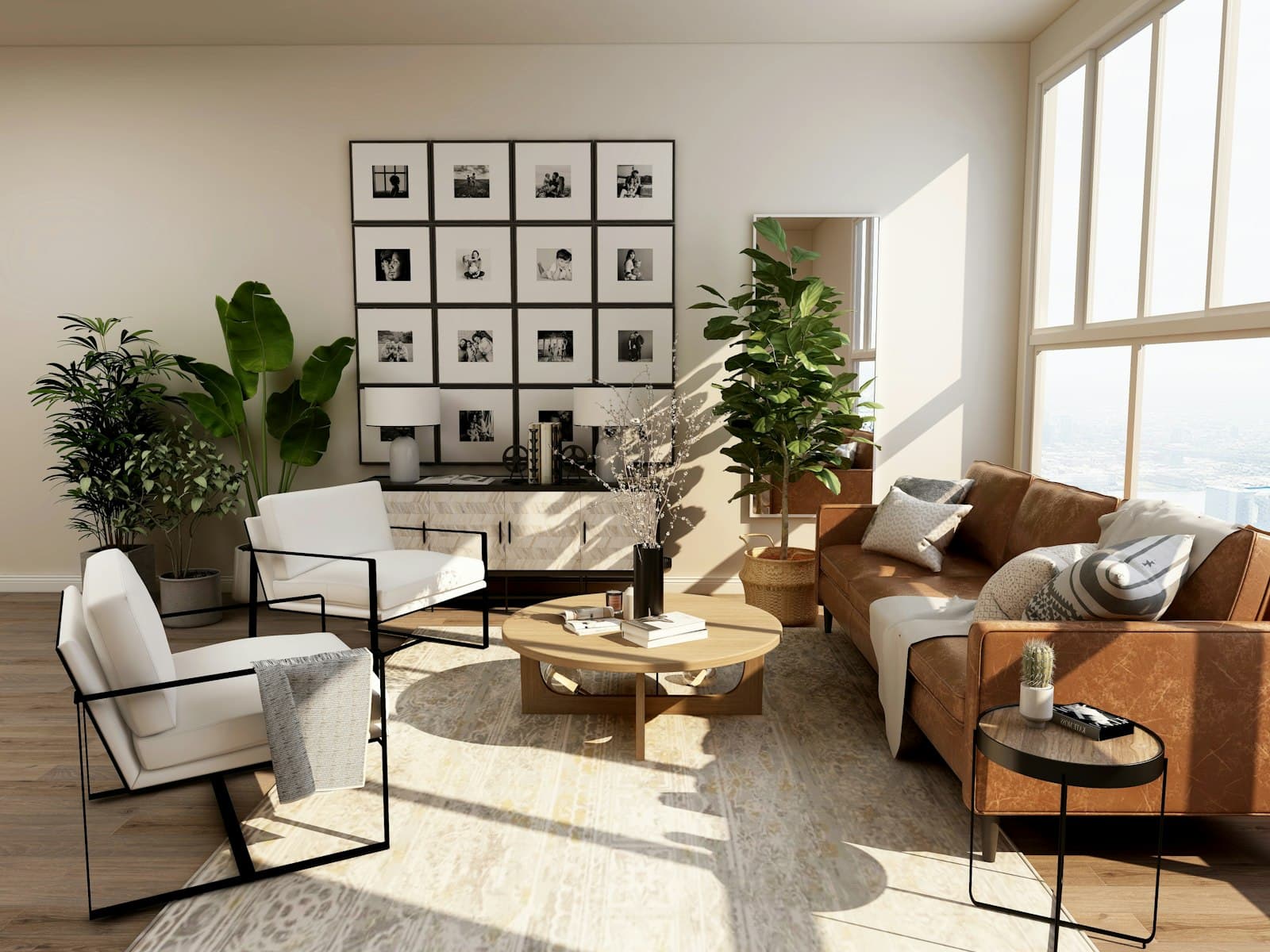Salón contemporáneo con pared de obra gráfica